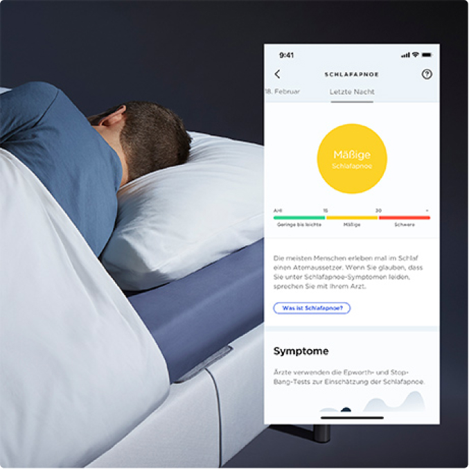 Ein Mann schläft mit dem Withings Sleep Analyzer unter der Matratze, die App bietet eine Übersicht der Schlafanalyse