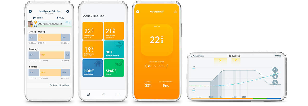 Mehrere Smartphones stellen verschiedene Anzeigen des Energieverbauches via App dar.
