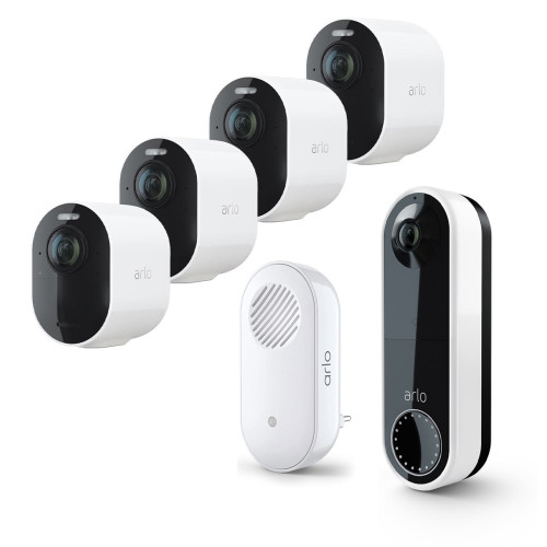 Arlo Ultra 2 - Kabelloses 4K-Überwachungssystem mit 4 Kameras + Wire Free Video Doorbell + Chime V2