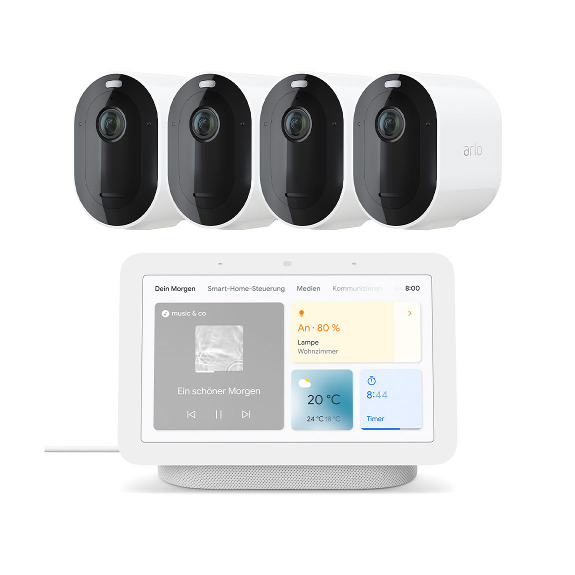 Arlo Pro 4 – Kabellose Überwachungskamera 4er-Set + kostenloser Google Nest Hub (2. Generation) – Deal, Schnäppchen, sparen