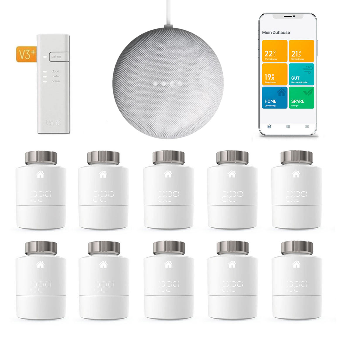 tado° Smartes Heizkörper-Thermostat Starter Kit V3+ mit 10 Thermostaten + Google Nest Mini