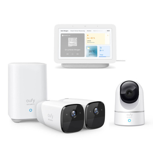 eufyCam 2 Pro 2+1 Kit - 2-Kameraset mit HomeBase 2 + Google Nest Hub (2. Generation) + eufy Solo IndoorCam Pan & Tilt