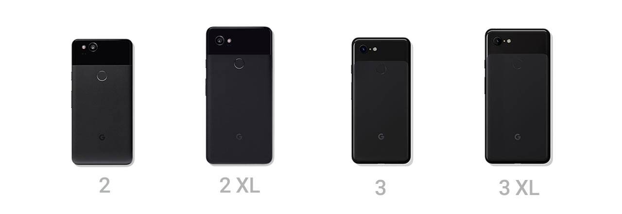 Google Pixel Modelle 2, 2XL, 3 und 3XL nebeneinander