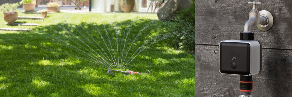 Eve smarte Wassersteuerung in Garten mit Rasensprenger